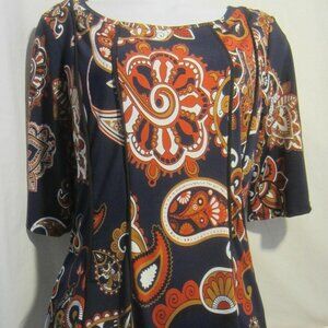 LA VANYA Petite navy blue rust red paisley 3/4 sleeve tunic top Women PXL